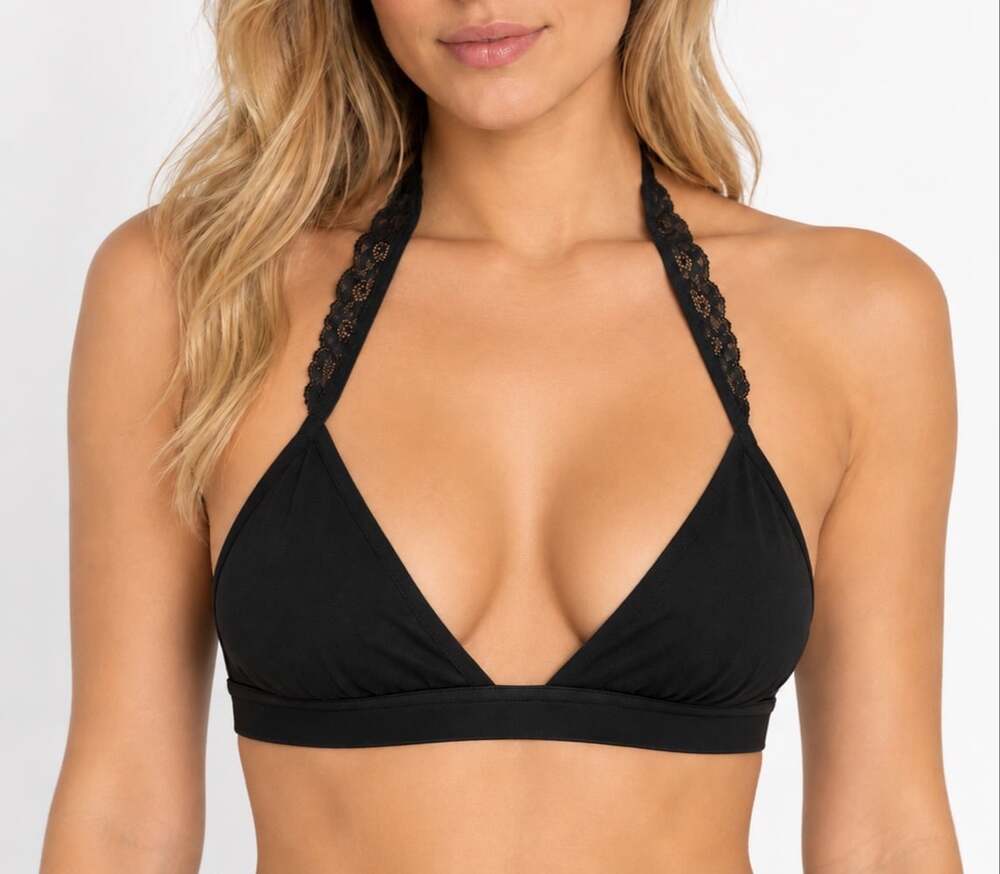 Dreamgirl Black Lace Trim Halter Bralette Triangle T-Back Racerback Bra